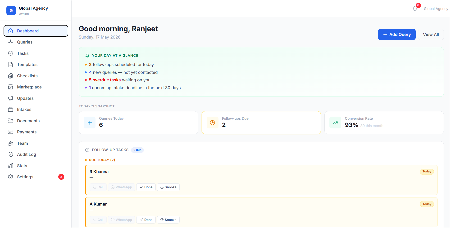 DesksFlow dashboard — morning briefing, query pipeline, and daily snapshot